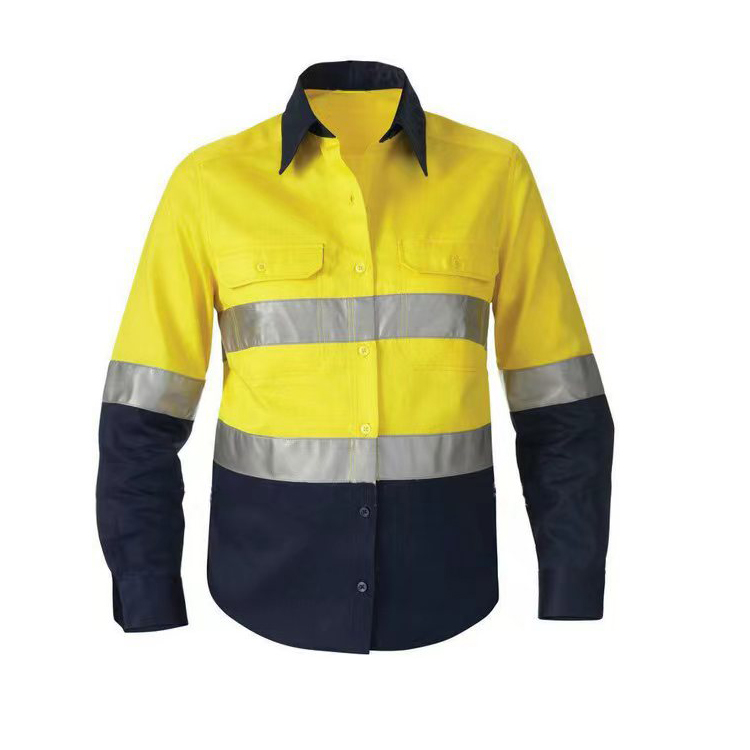 Wholesale Men's 100% Cotton Long Sleeves Collared Reflective Construction Work Shirt With Reflective Stripes